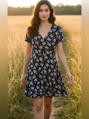 SO Black Floral Wrap Midi Dress with Lavender Flowers Size XL